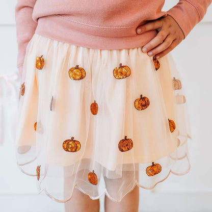 Sweet Wink - Pumpkin Sequin Scallop Tutu Skirt - Kids Clothing - Fall