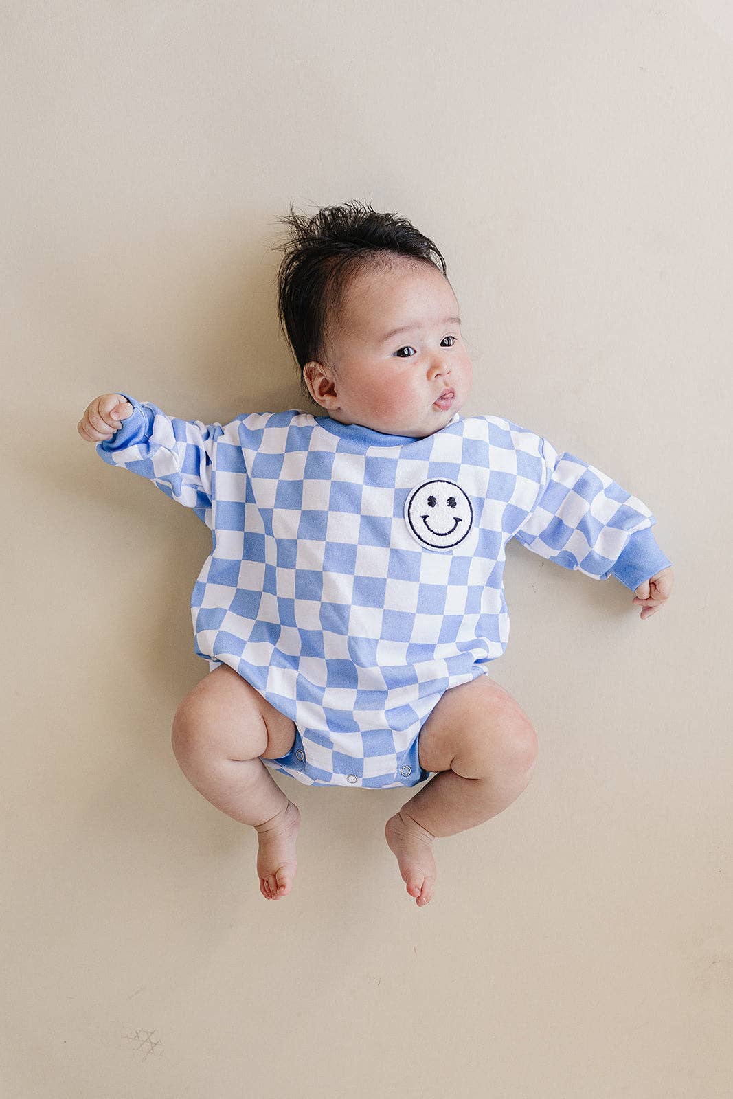 Lucky Panda Kids - Bubble Romper | Checkered Smiley Blue