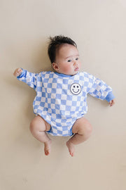 Lucky Panda Kids - Bubble Romper | Checkered Smiley Blue