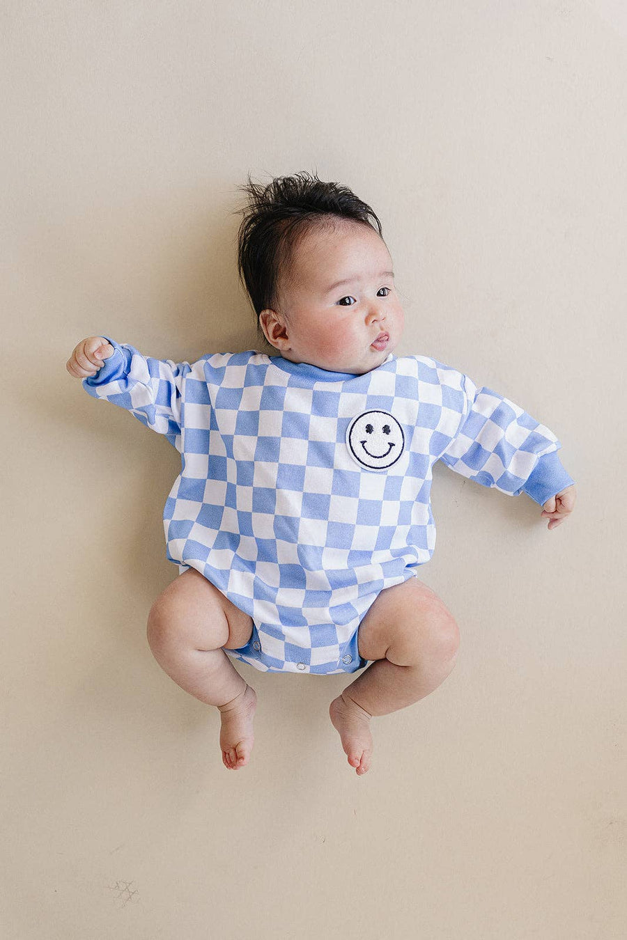 Lucky Panda Kids - Bubble Romper | Checkered Smiley Blue