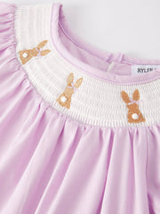 Rylee Faith Designs - Girls Easter Bunny Smocking Embroidered Lace Cuff Purple Dress