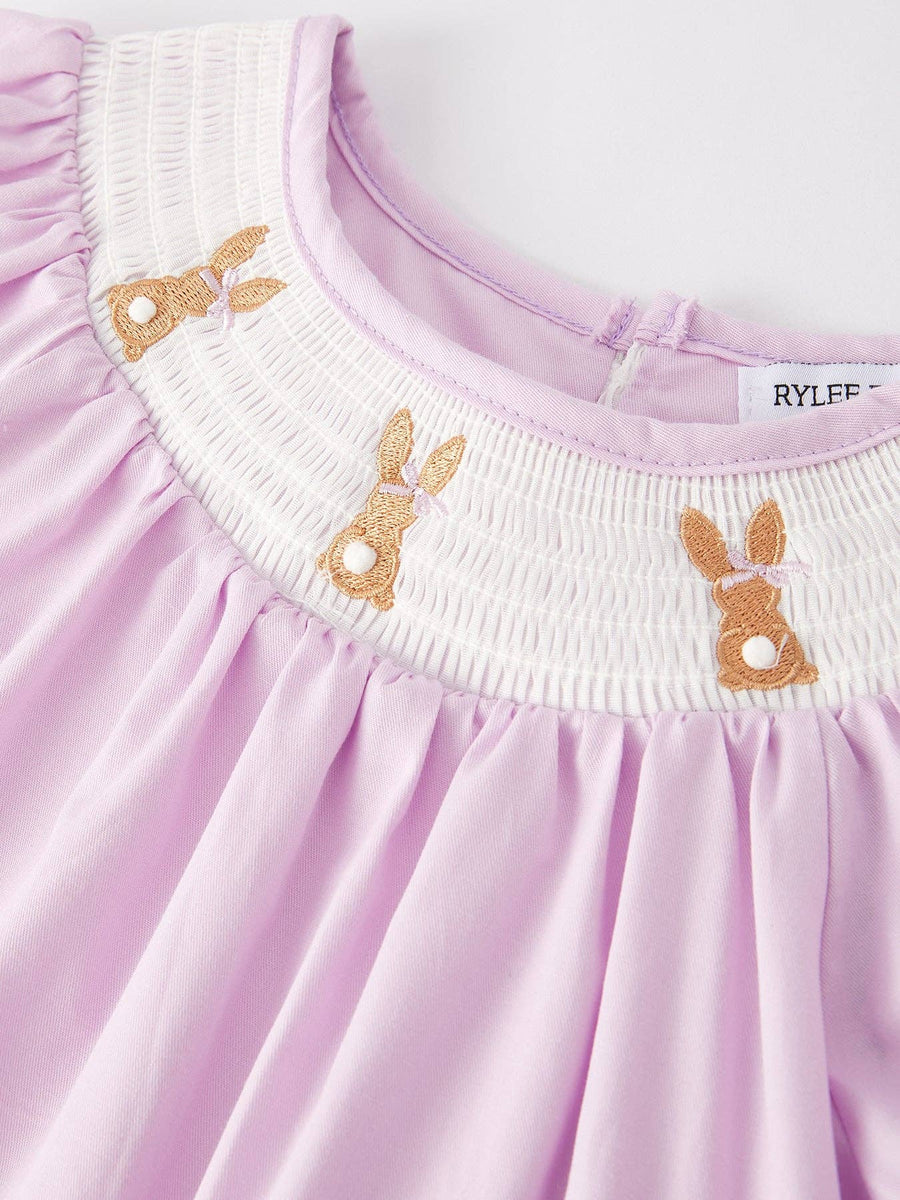 Rylee Faith Designs - Girls Easter Bunny Smocking Embroidered Lace Cuff Purple Dress