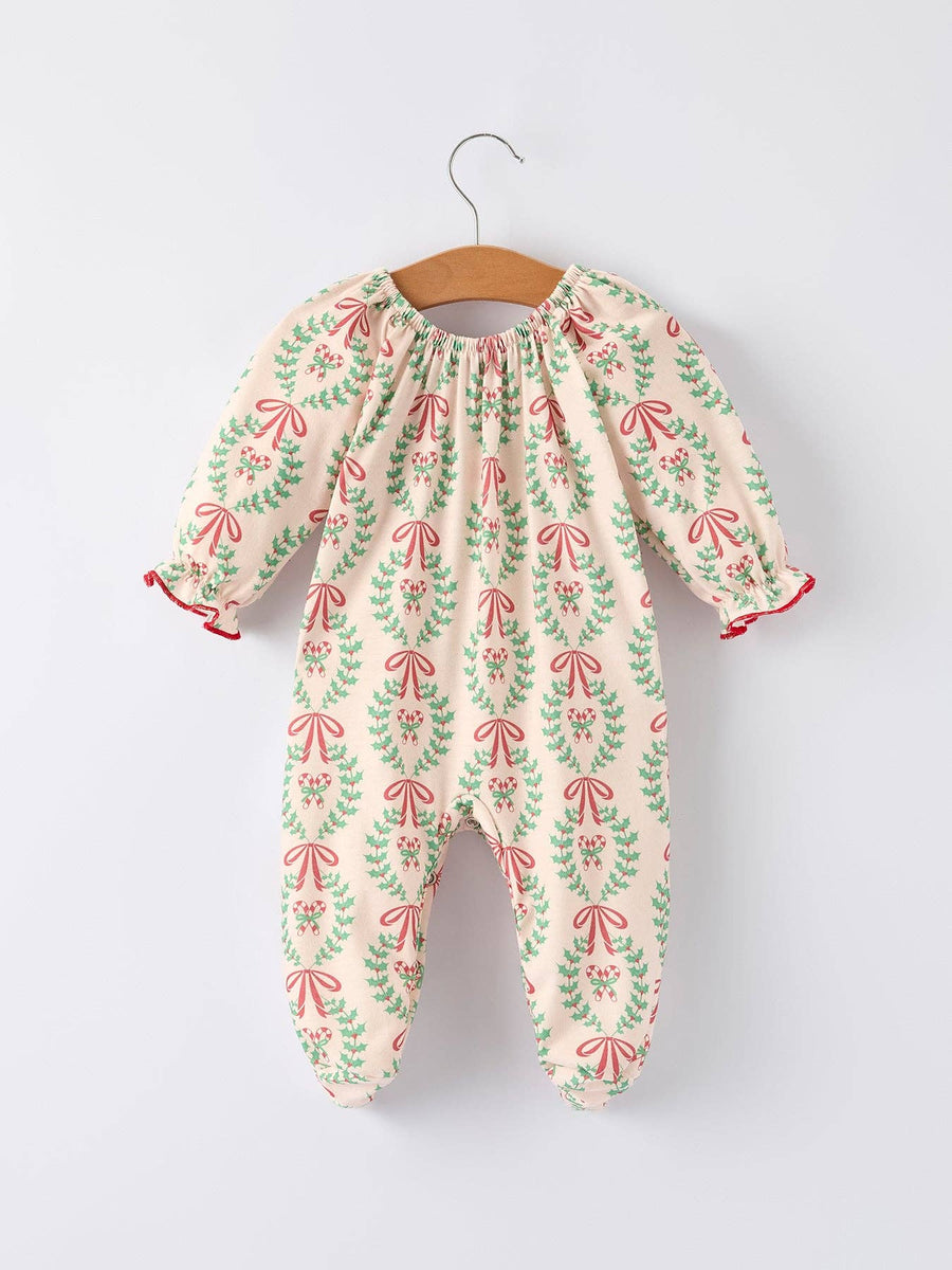 Rylee Faith Designs - Christmas Wreath Print Baby Girls Romper Long Sleeve Holiday Outfit