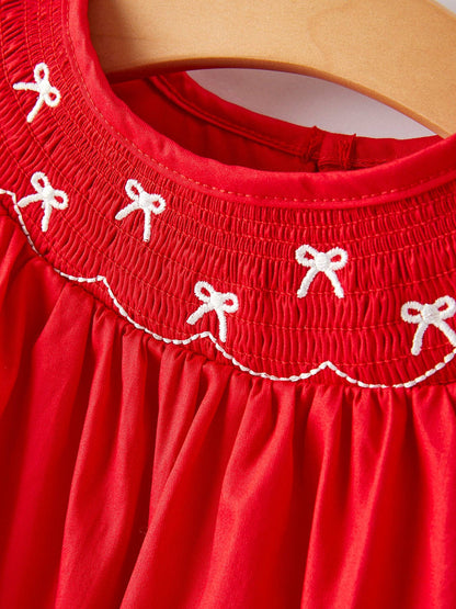 Rylee Faith Designs - Girls Bow Smocking Embroidered Red Dress