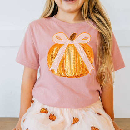 Sweet Wink - Coquette Pumpkin Sequin Patch Short Sleeve T-Shirt - Kids