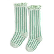 Little Stocking Co. - Mint Striped Lace Top Knee High Socks