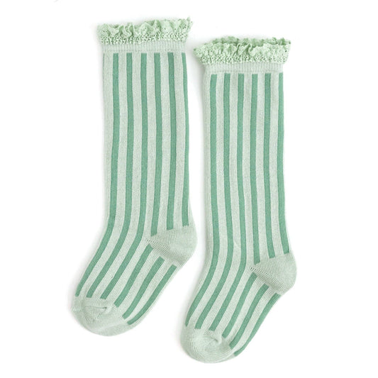 Little Stocking Co. - Mint Striped Lace Top Knee High Socks