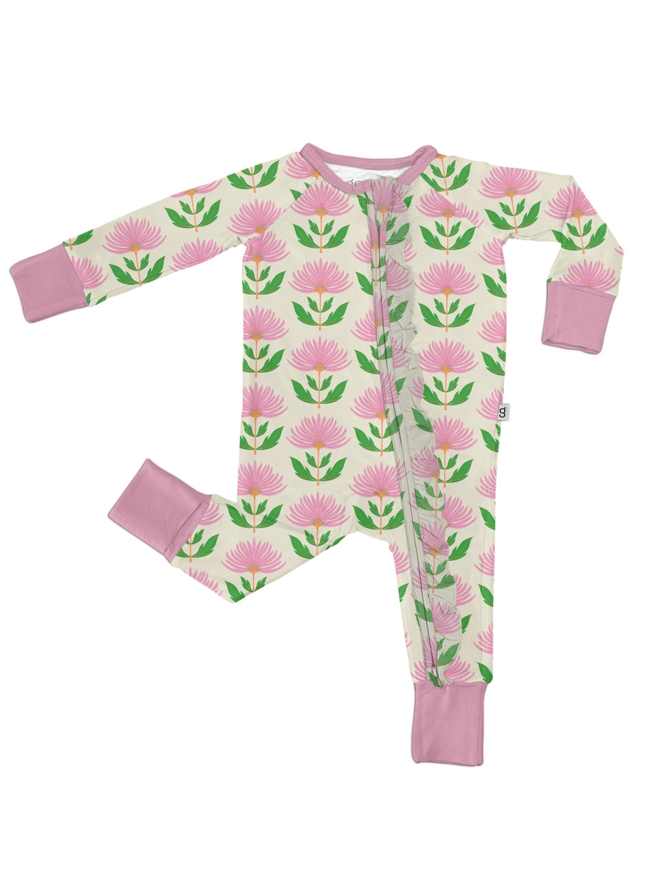 Pink Block Print Flowers - Convertible Zip Pajamas w/ Ruffle