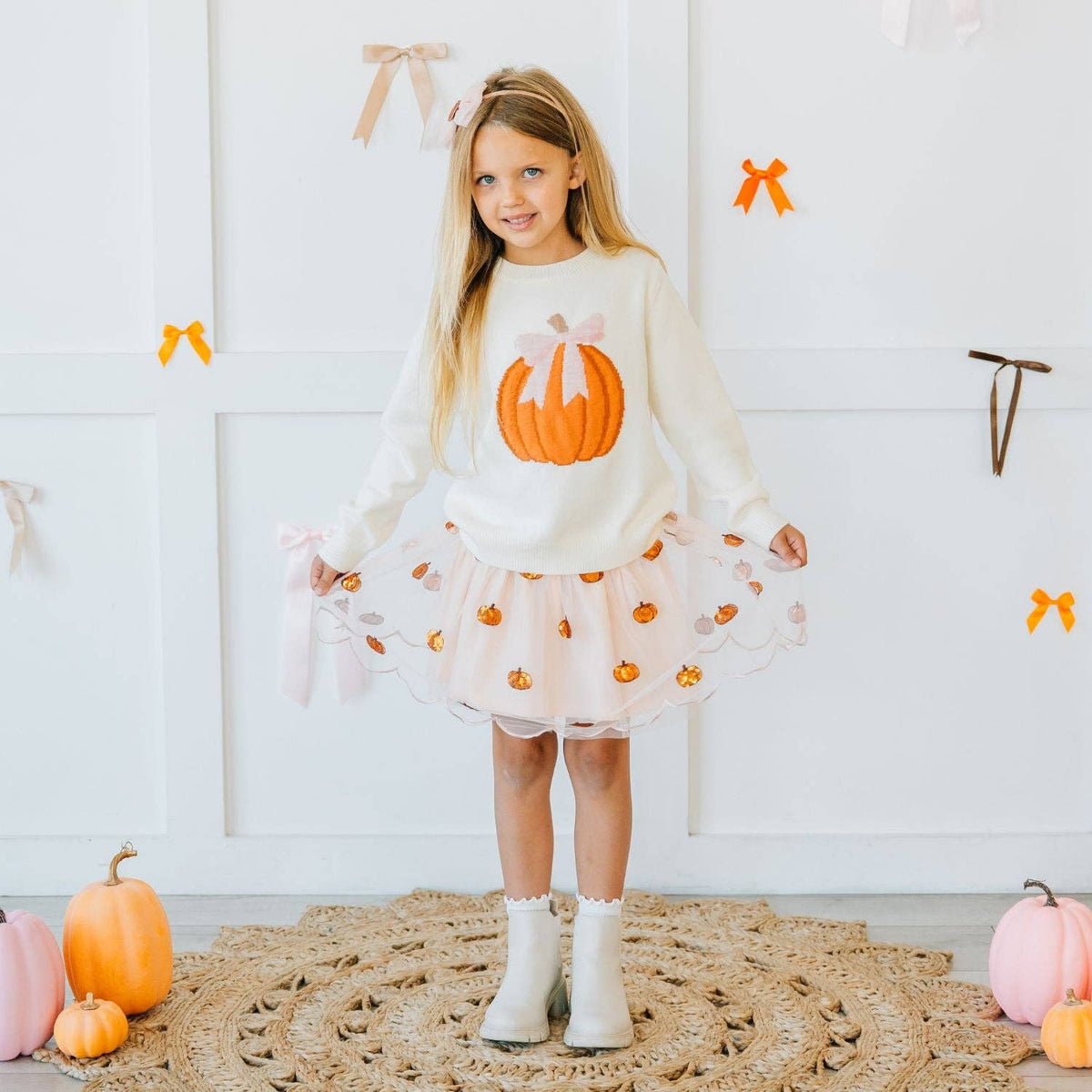 Sweet Wink - Pumpkin Sequin Scallop Tutu Skirt - Kids Clothing - Fall
