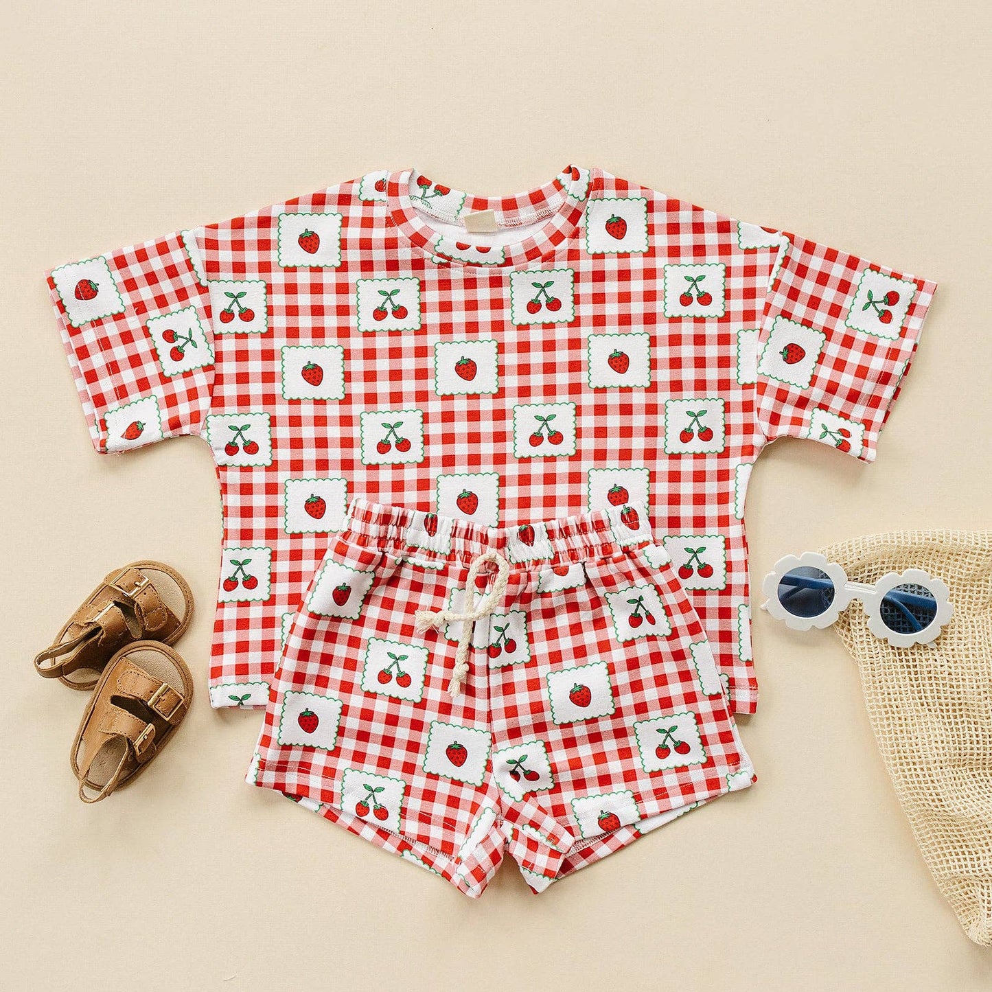 Lucky Panda Kids - Shorts Set | Strawberry Gingham