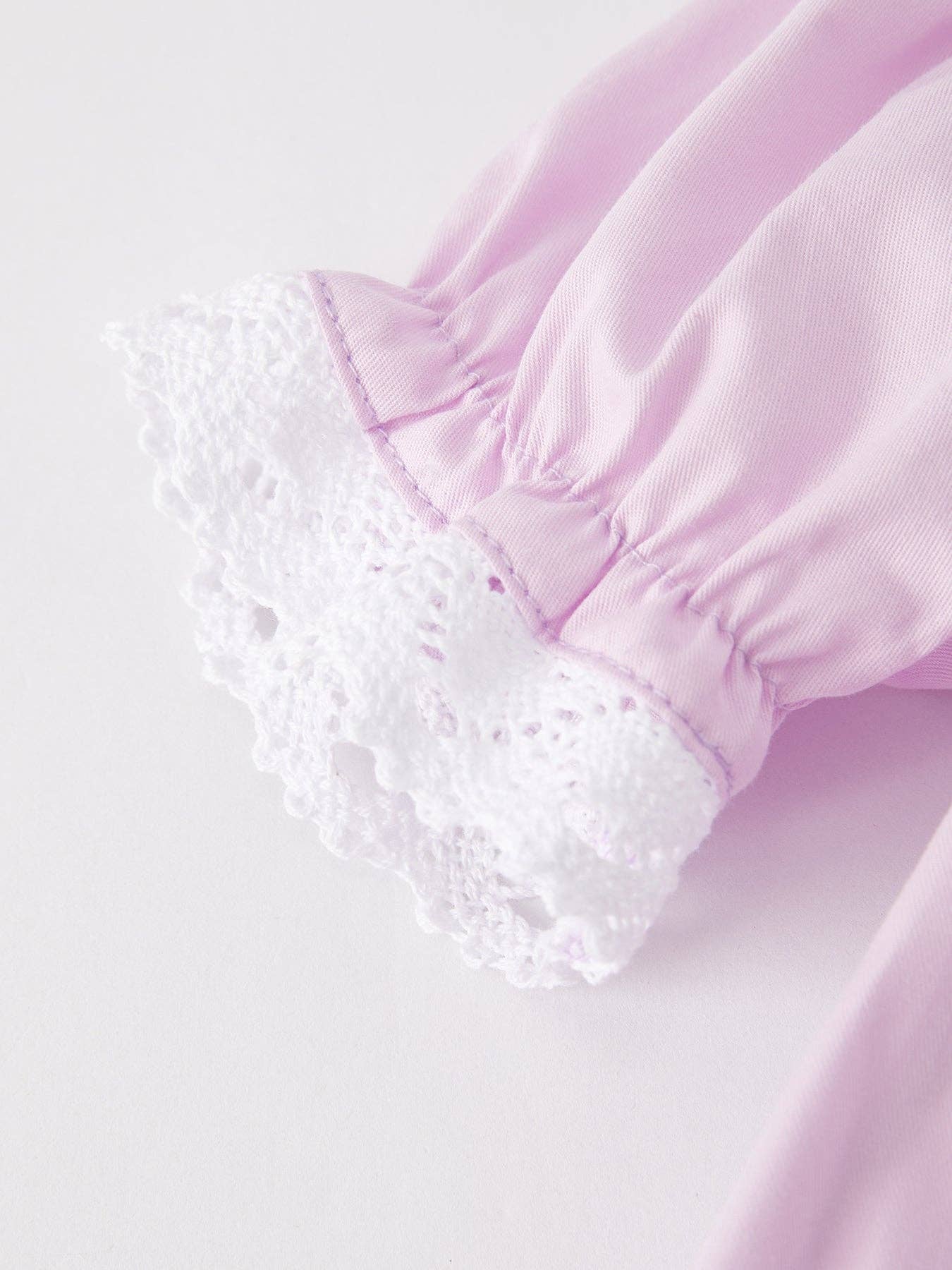 Rylee Faith Designs - Girls Easter Bunny Smocking Embroidered Lace Cuff Purple Romper