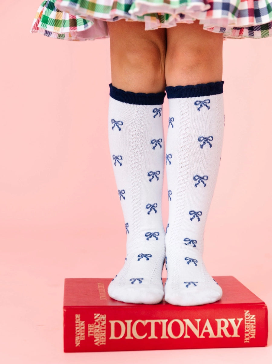 Navy Bow Scalloped Knee Socks