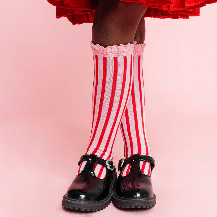 Little Stocking Co. - Candy Stripe Lace Top Knee High Socks