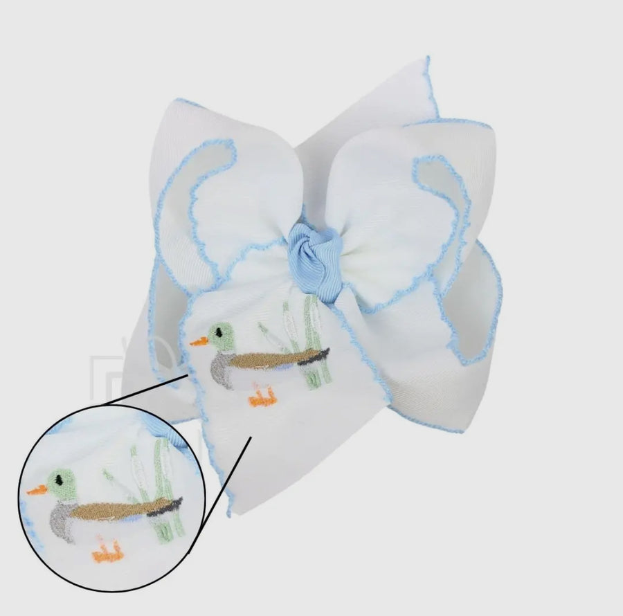 EMBROIDERED PASTEL DUCK HAIR BOW ON ALLIGATOR CLIP