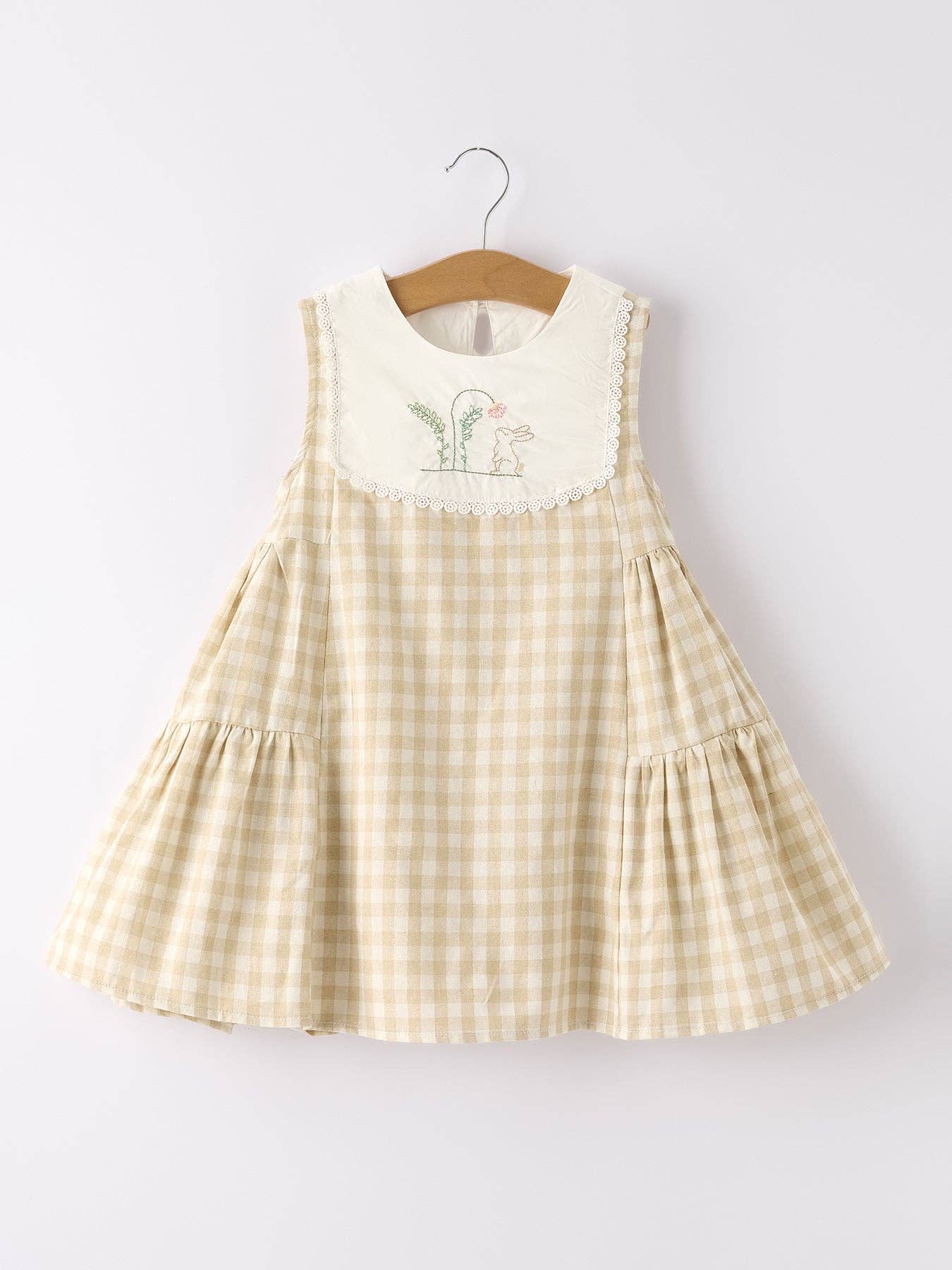 Rylee Faith Designs - Apricot Plaid Embroidered Bunny Sleeveless Dress