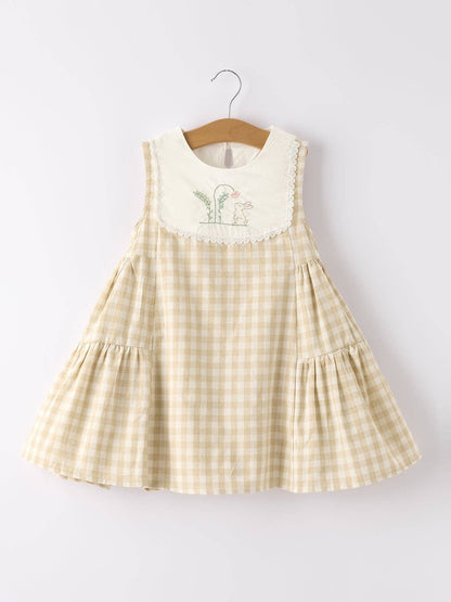 Rylee Faith Designs - Apricot Plaid Embroidered Bunny Sleeveless Dress