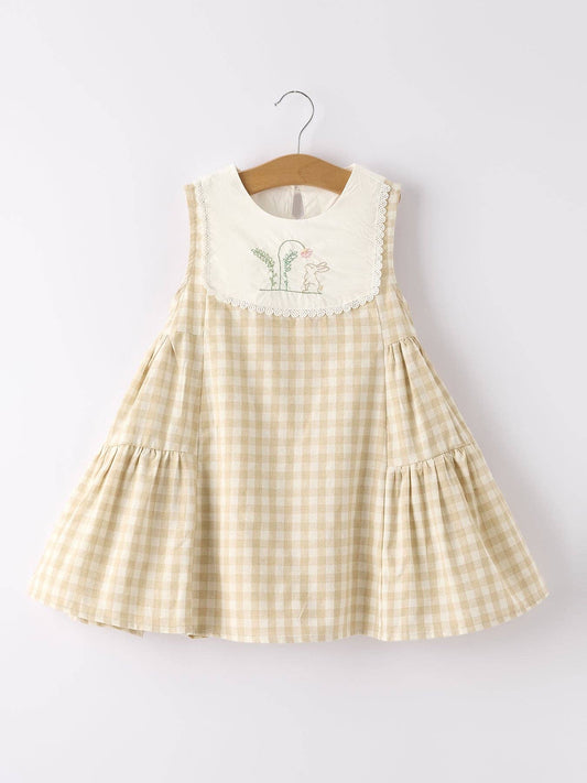 Rylee Faith Designs - Apricot Plaid Embroidered Bunny Sleeveless Dress