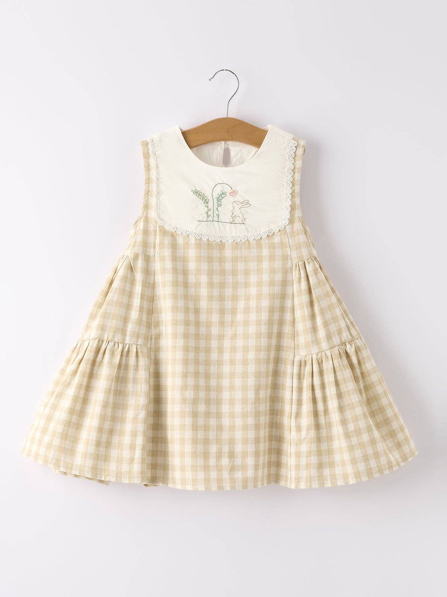 Rylee Faith Designs - Apricot Plaid Embroidered Bunny Sleeveless Dress