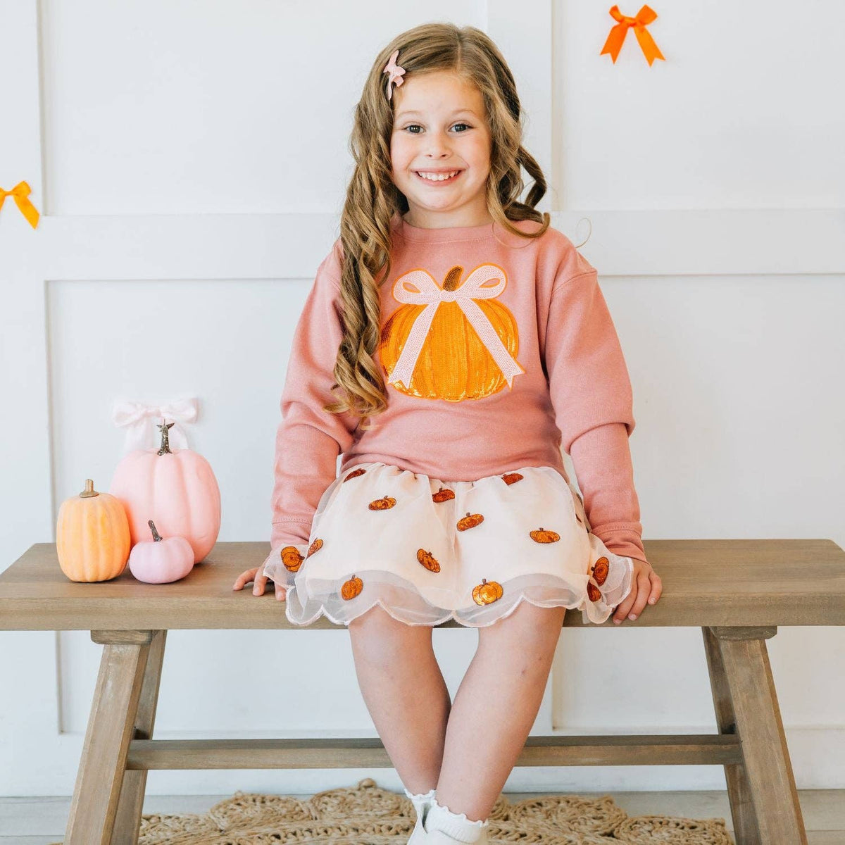 Sweet Wink - Pumpkin Sequin Scallop Tutu Skirt - Kids Clothing - Fall