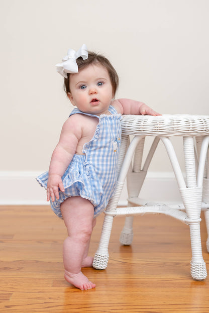 Lil Cactus - Blue Gingham Goose Lace Bow Ruffle Romper