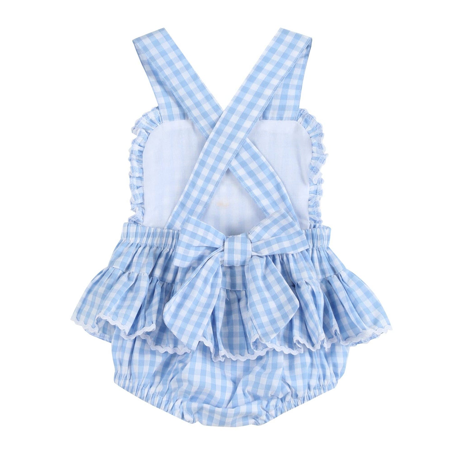 Lil Cactus - Blue Gingham Goose Lace Bow Ruffle Romper