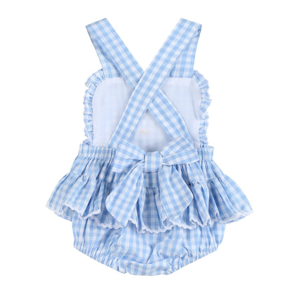Lil Cactus - Blue Gingham Goose Lace Bow Ruffle Romper