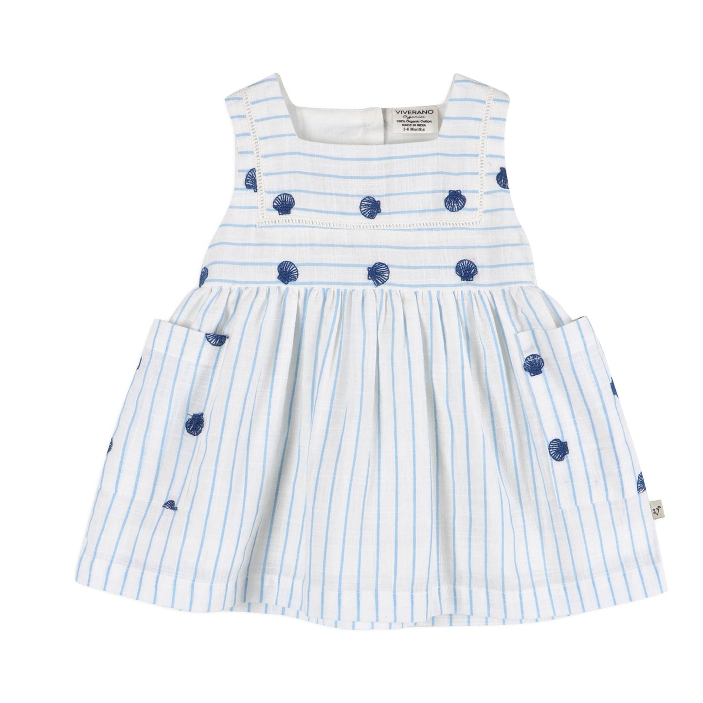 Viverano Organics - Seashells Embroidered Striped Baby Dress + Bloomer (Organic)