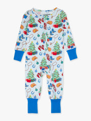 RuffleButts + RuggedButts - SoftSnooze™ Baby Bamboo Viscose Blue Yuletide Yeehaw Convertible One Piece Footie Pajama