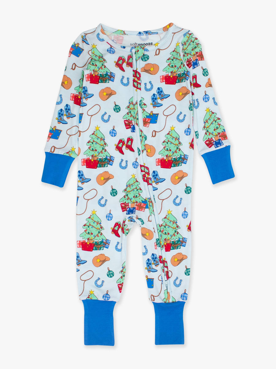 RuffleButts + RuggedButts - SoftSnooze™ Baby Bamboo Viscose Blue Yuletide Yeehaw Convertible One Piece Footie Pajama