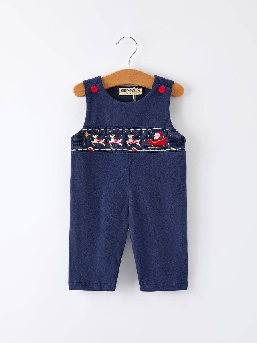 Rylee Faith Designs - Christmas Holiday Celebration Baby Boys Romper: Navy with Santa Sleigh