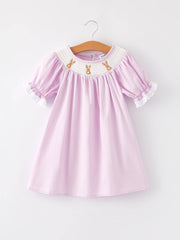 Rylee Faith Designs - Girls Easter Bunny Smocking Embroidered Lace Cuff Purple Dress