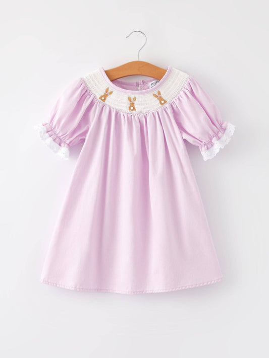 Rylee Faith Designs - Girls Easter Bunny Smocking Embroidered Lace Cuff Purple Dress