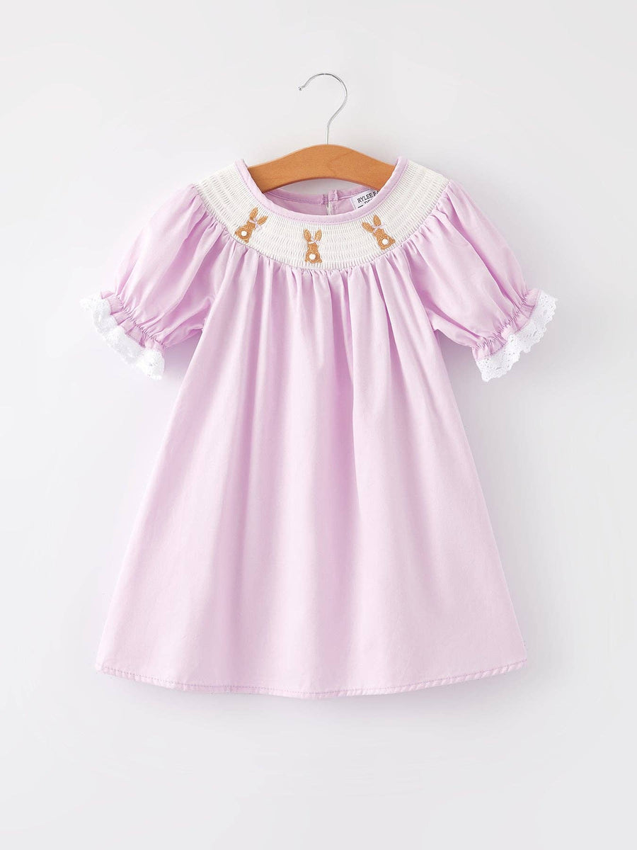 Rylee Faith Designs - Girls Easter Bunny Smocking Embroidered Lace Cuff Purple Dress