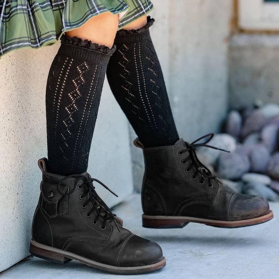 Little Stocking Co. - Black Fancy Lace Top Knee High Socks