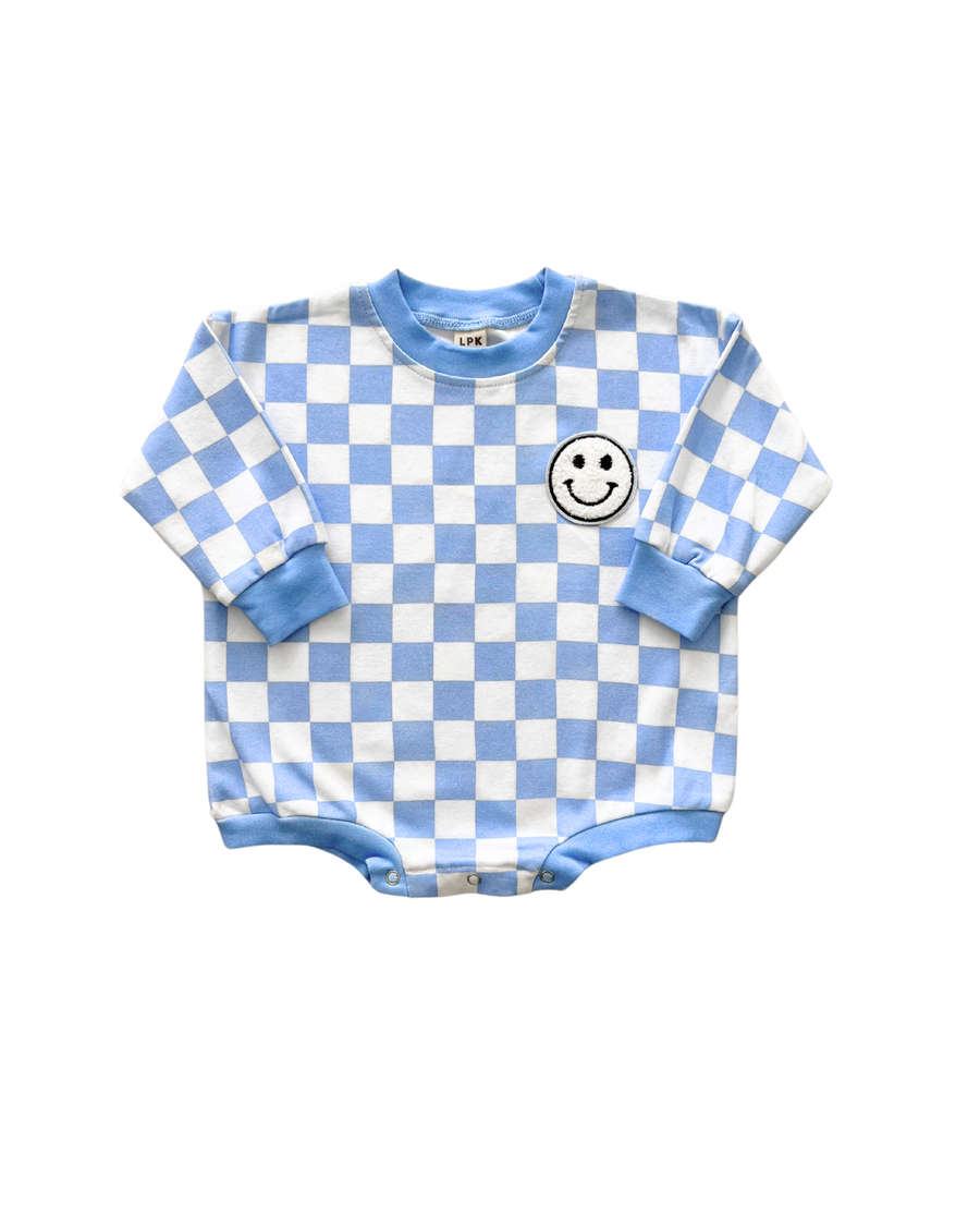 Lucky Panda Kids - Bubble Romper | Checkered Smiley Blue