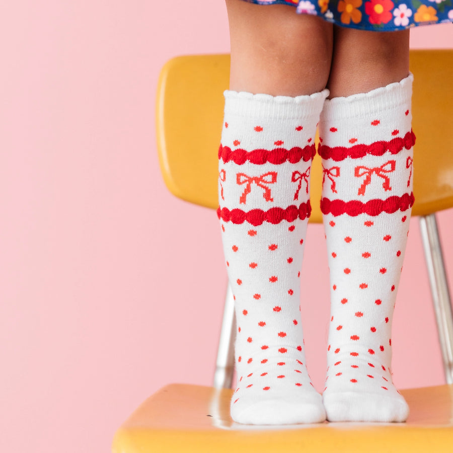 Red Bow Scalloped Knee Socks