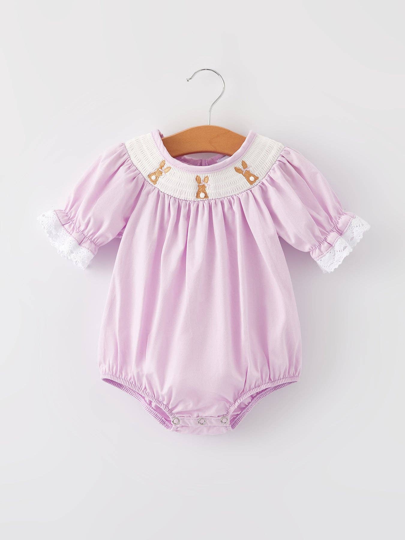 Rylee Faith Designs - Girls Easter Bunny Smocking Embroidered Lace Cuff Purple Romper