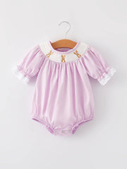 Rylee Faith Designs - Girls Easter Bunny Smocking Embroidered Lace Cuff Purple Romper
