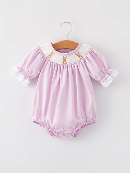 Rylee Faith Designs - Girls Easter Bunny Smocking Embroidered Lace Cuff Purple Romper