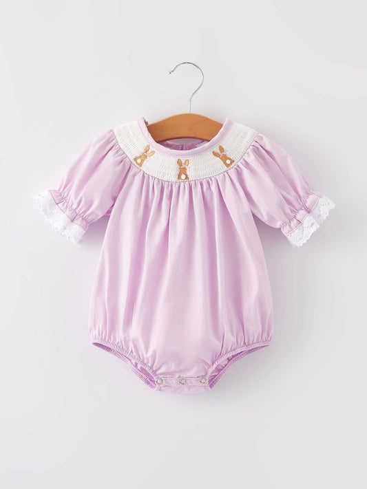 Rylee Faith Designs - Girls Easter Bunny Smocking Embroidered Lace Cuff Purple Romper