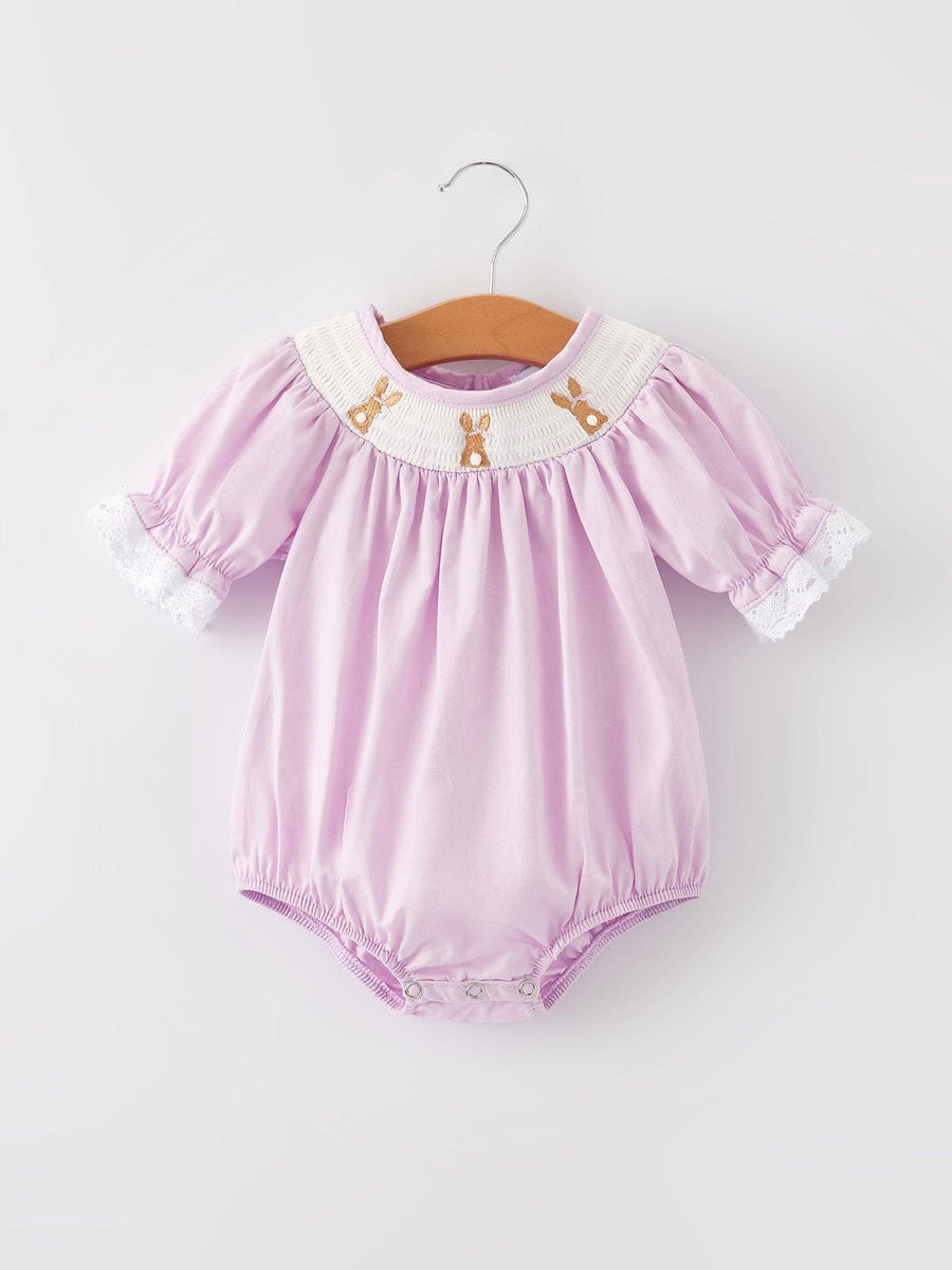 Rylee Faith Designs - Girls Easter Bunny Smocking Embroidered Lace Cuff Purple Romper
