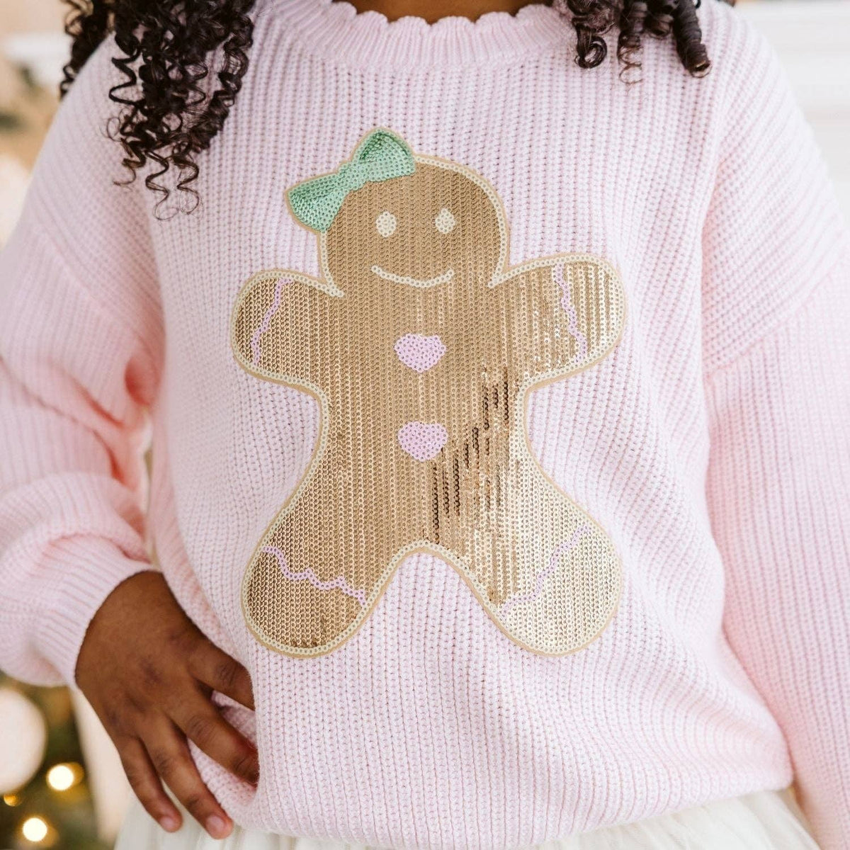 Sweet Wink - Gingerbread Sequin Patch Christmas Sweater - Kids Clothing