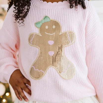 Sweet Wink - Gingerbread Sequin Patch Christmas Sweater - Kids Clothing