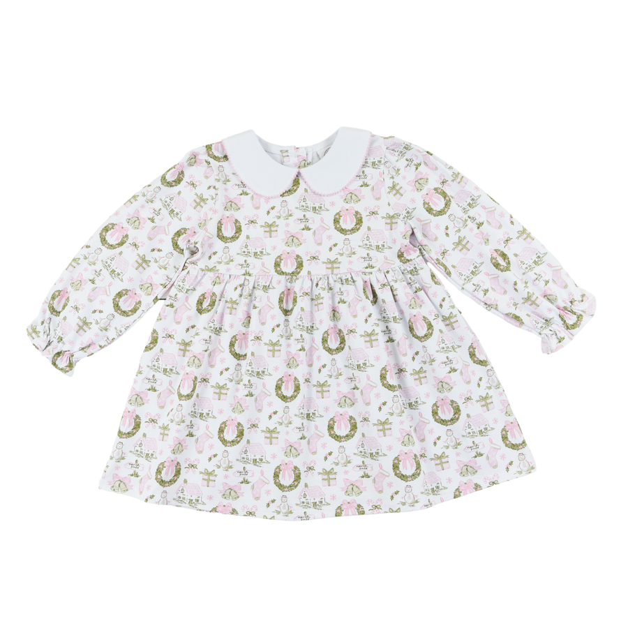 Cypress Row Childrens - Christmas Toile and Stripe Girls Collins Classic Dress