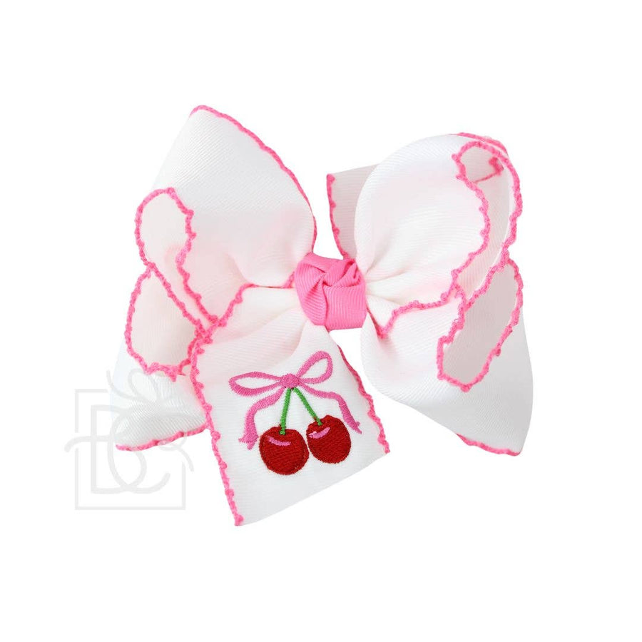 EMBROIDERED CHERRIES CROCHET EDGE HAIR BOW ON ALLIGATOR CLIP
