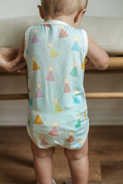 Southern Slumber - Blue Birthday Print Bamboo Henley Onesie with Snaps