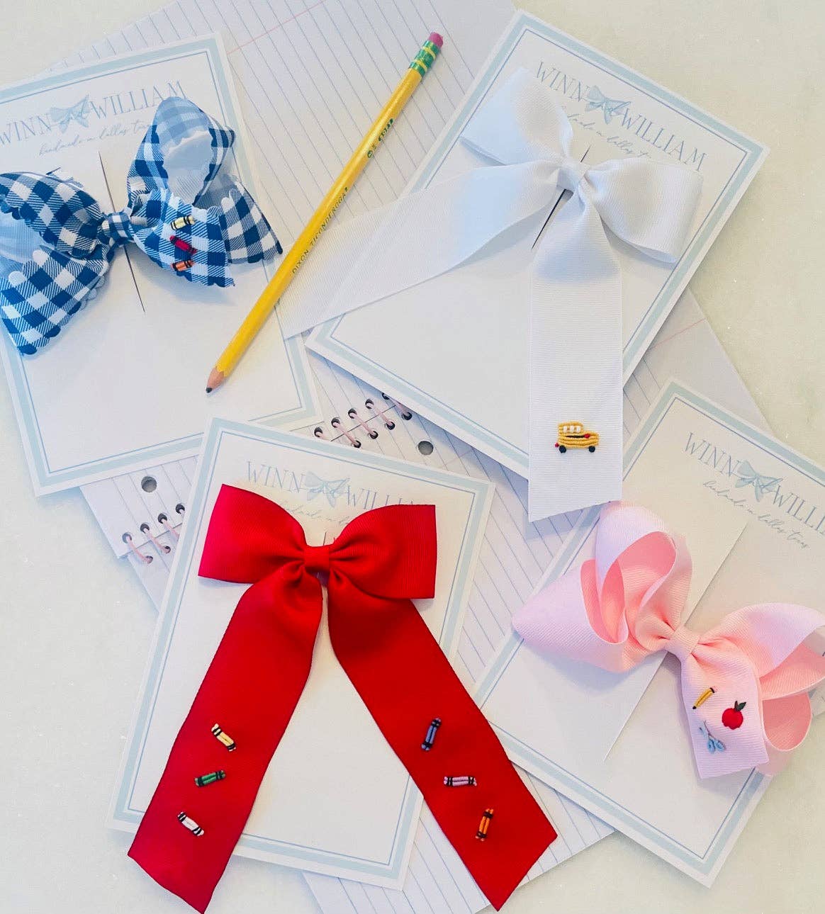 Winn and William - Apples, Pencils, and Scissors Bow