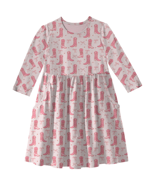 Cowgirl Boots & Bows - 3/4 Sleeve Pocket Dress