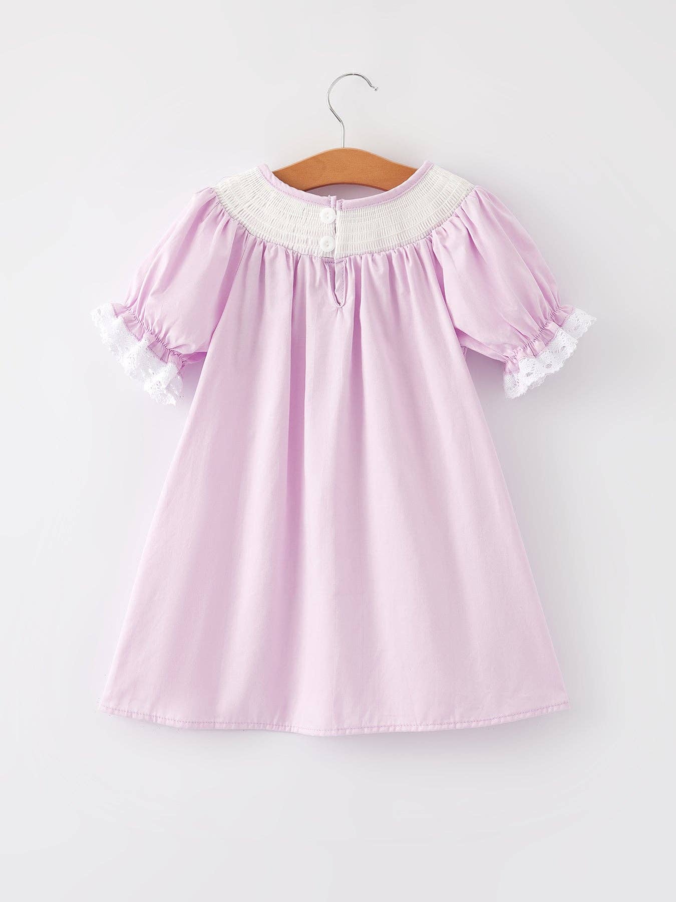 Rylee Faith Designs - Girls Easter Bunny Smocking Embroidered Lace Cuff Purple Dress
