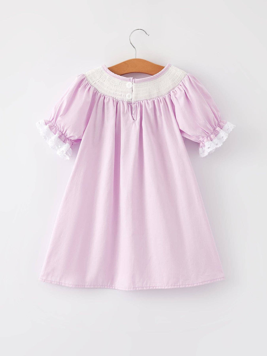 Rylee Faith Designs - Girls Easter Bunny Smocking Embroidered Lace Cuff Purple Dress